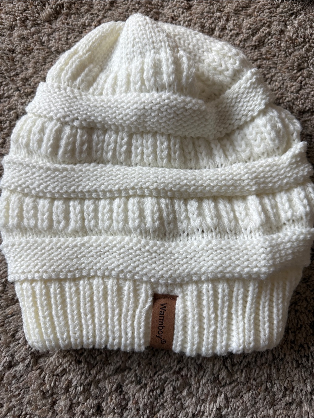 Warm Cream Knit Beanie with Textured Bands
